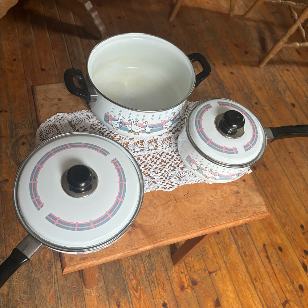 SOLD Vintage Enamel Geese Pot & Pan Set - Picture 4 of 9